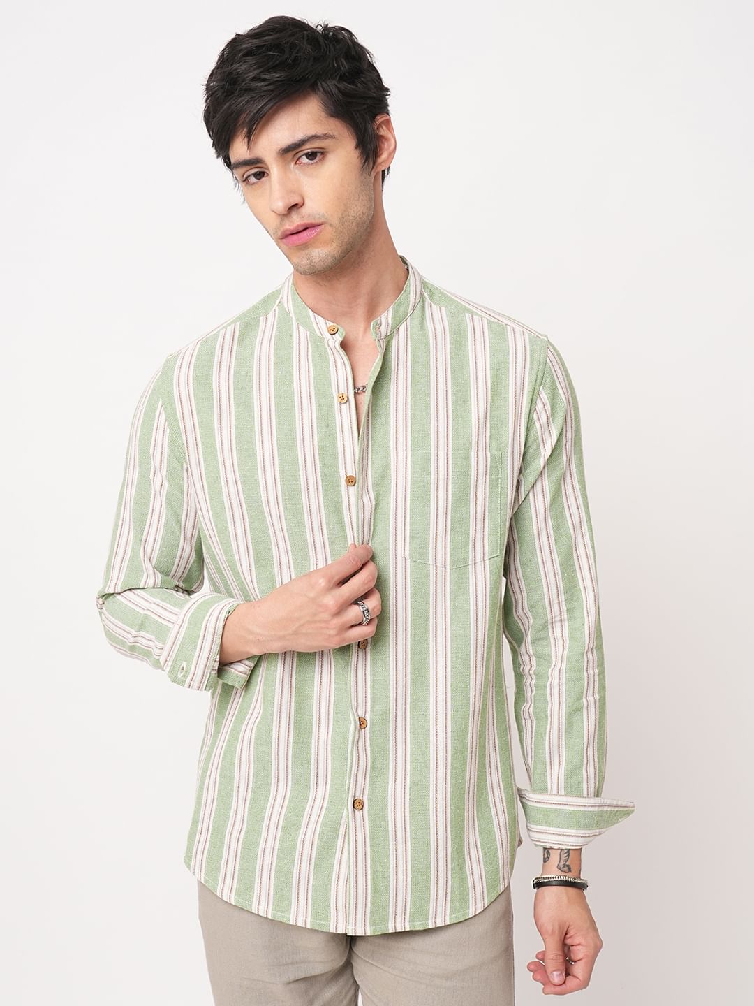 Green & White Vertical Stripes Mandarin Shirt