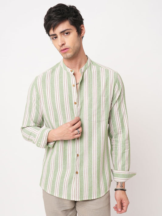 Green & White Vertical Stripes Mandarin Shirt