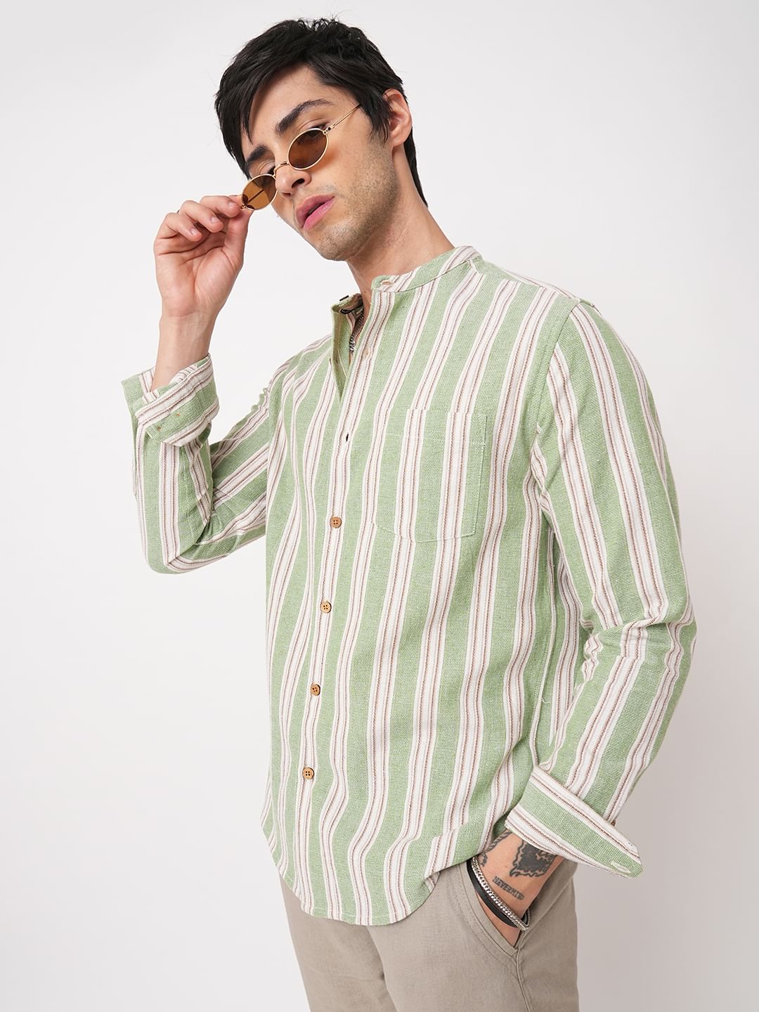 Green & White Vertical Stripes Mandarin Shirt