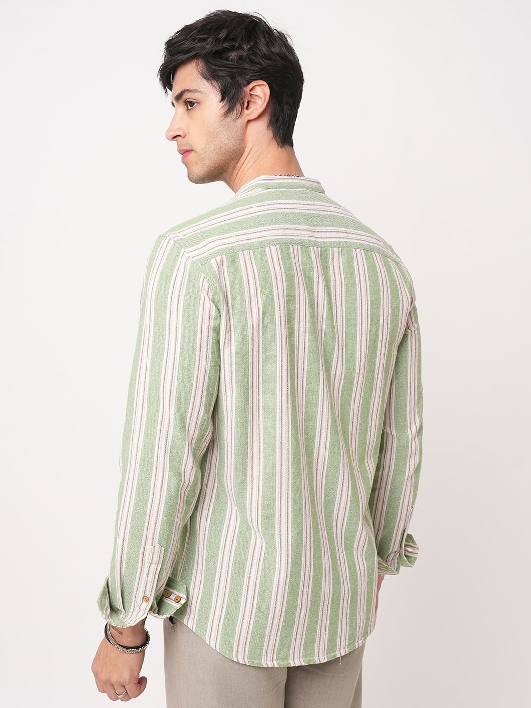 Green & White Vertical Stripes Mandarin Shirt