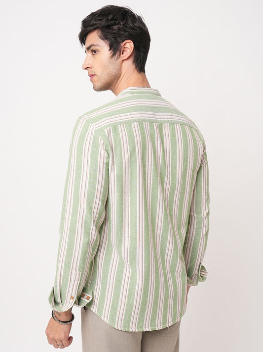 Green & White Vertical Stripes Mandarin Shirt