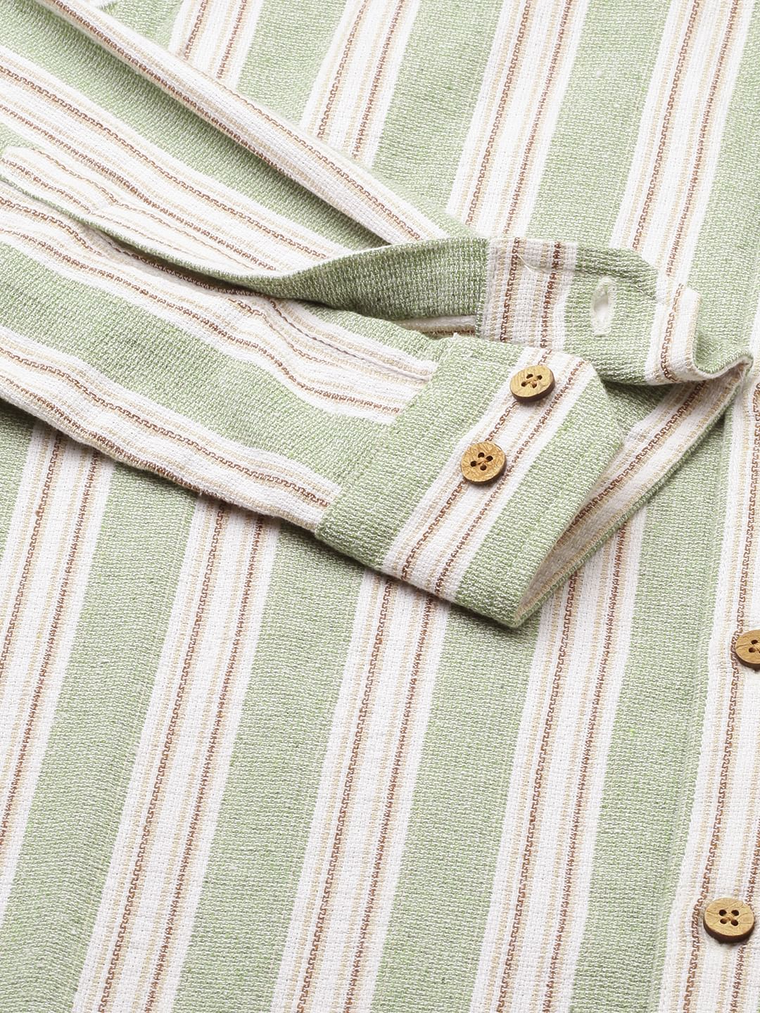 Green & White Vertical Stripes Mandarin Shirt