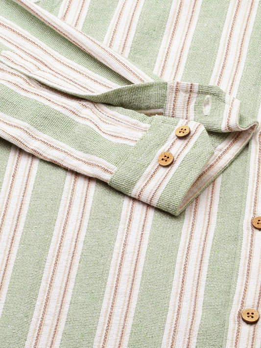 Green & White Vertical Stripes Mandarin Shirt