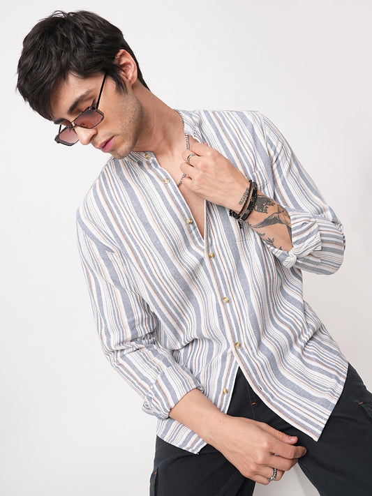 Blue & White Vertical Stripes Mandarin Shirt