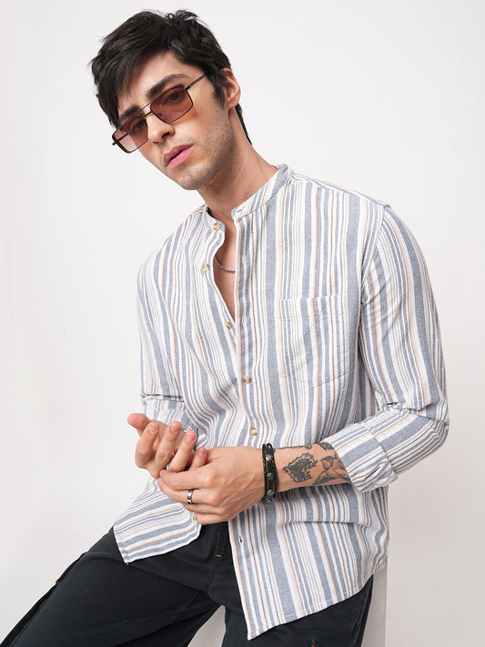 Blue & White Vertical Stripes Mandarin Shirt