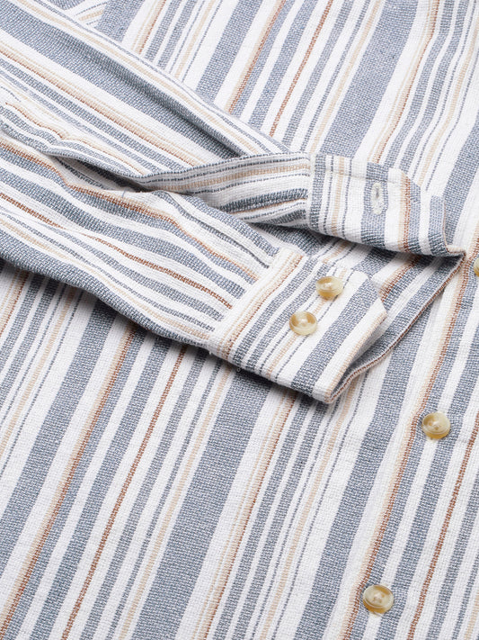 Blue & White Vertical Stripes Mandarin Shirt