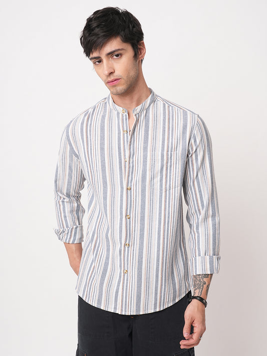 Blue & White Vertical Stripes Mandarin Shirt