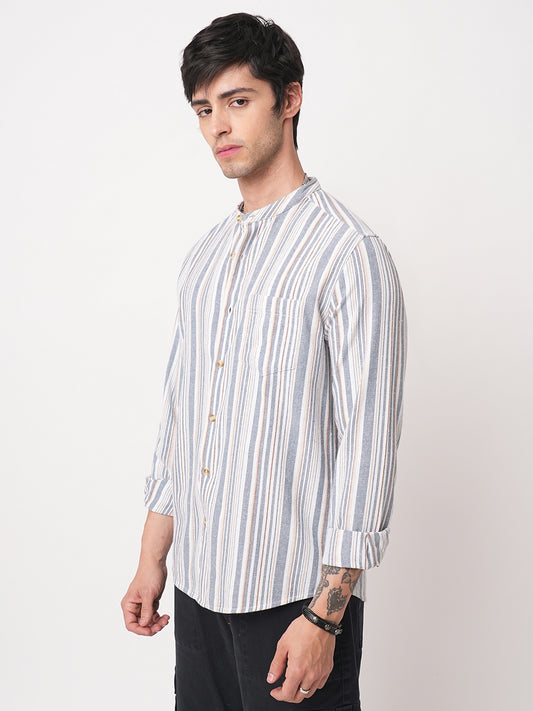 Blue & White Vertical Stripes Mandarin Shirt