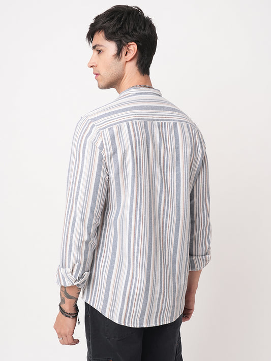 Blue & White Vertical Stripes Mandarin Shirt