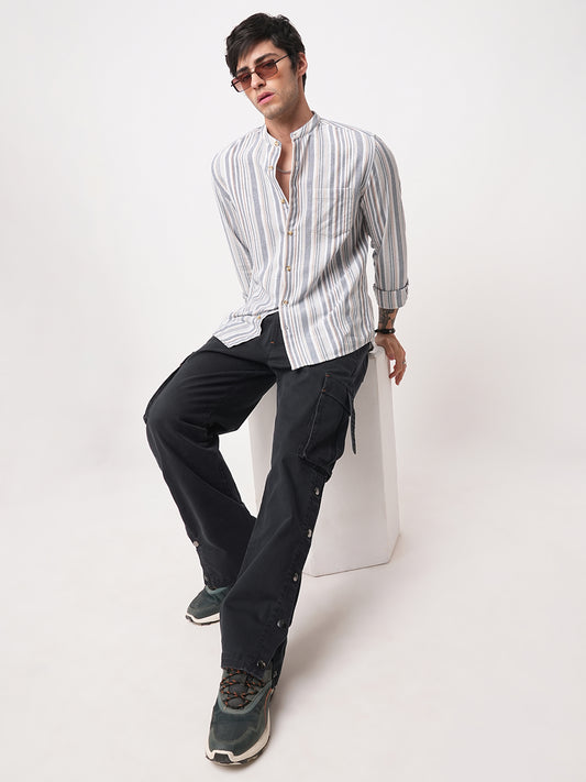 Blue & White Vertical Stripes Mandarin Shirt
