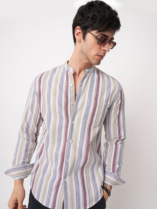 Multicolour Vertical Stripes Mandarin Shirt