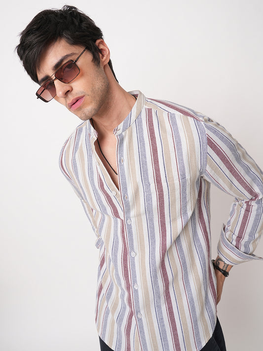Multicolour Vertical Stripes Mandarin Shirt