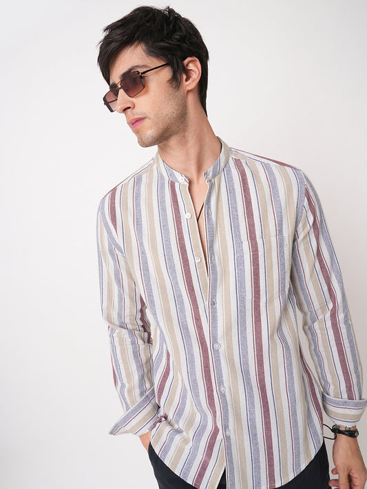 Multicolour Vertical Stripes Mandarin Shirt