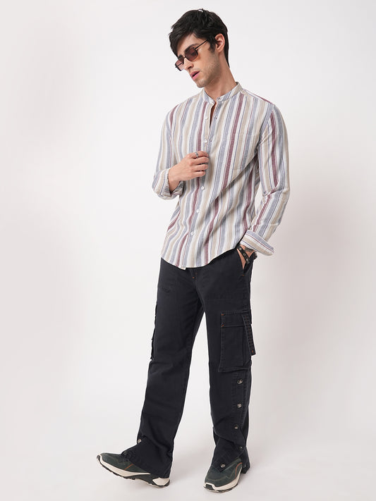 Multicolour Vertical Stripes Mandarin Shirt
