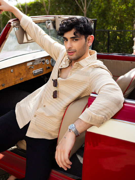 Debonair Tan Beige Herringbone Jacquard Shirt