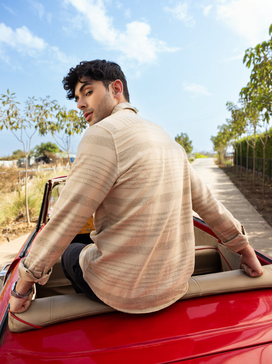 Debonair Tan Beige Herringbone Jacquard Shirt