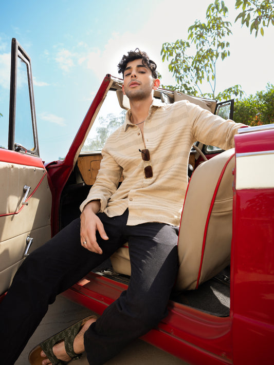 Debonair Tan Beige Herringbone Jacquard Shirt