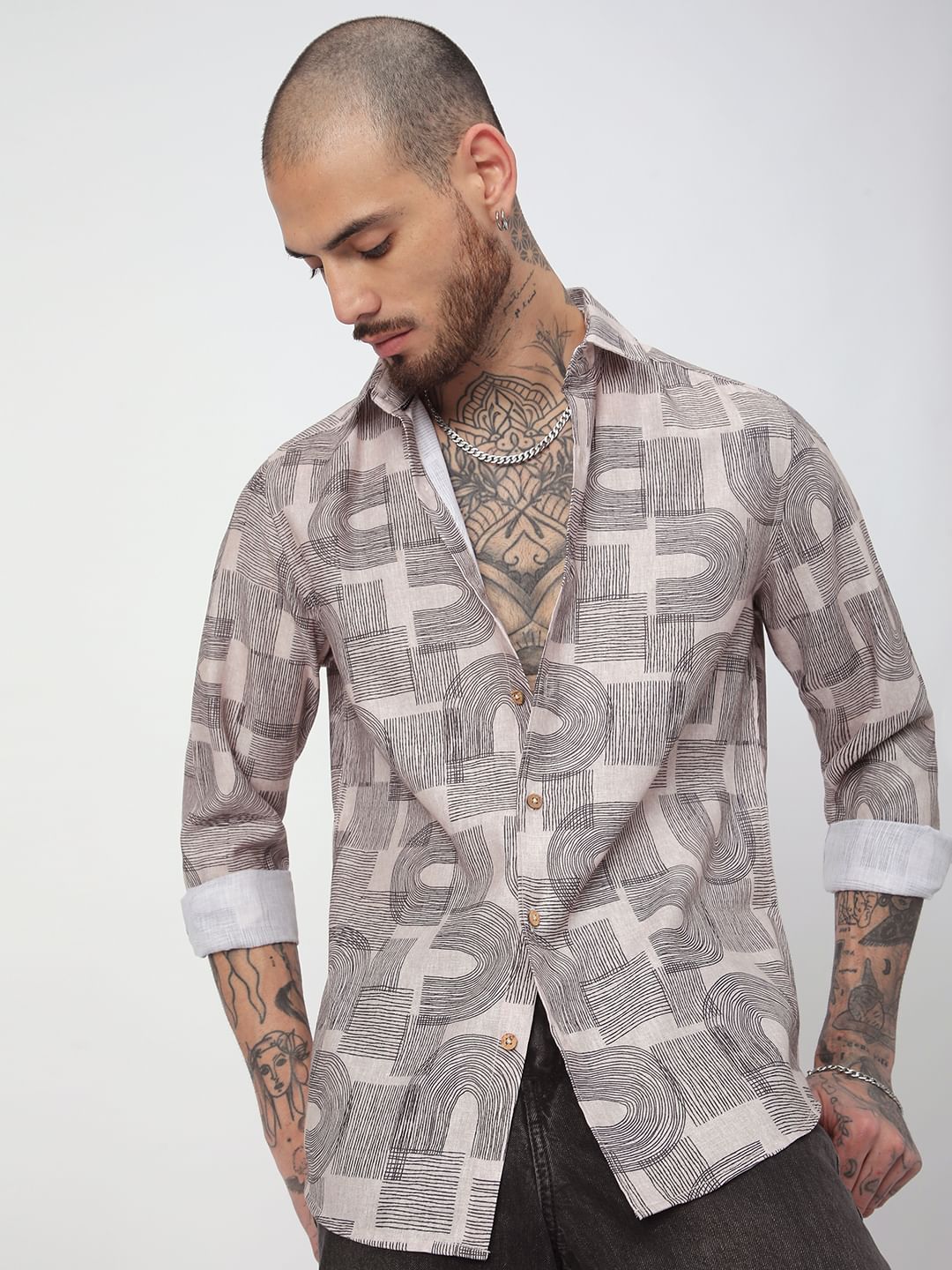 Beige & Navy Abstract Printed Shirt