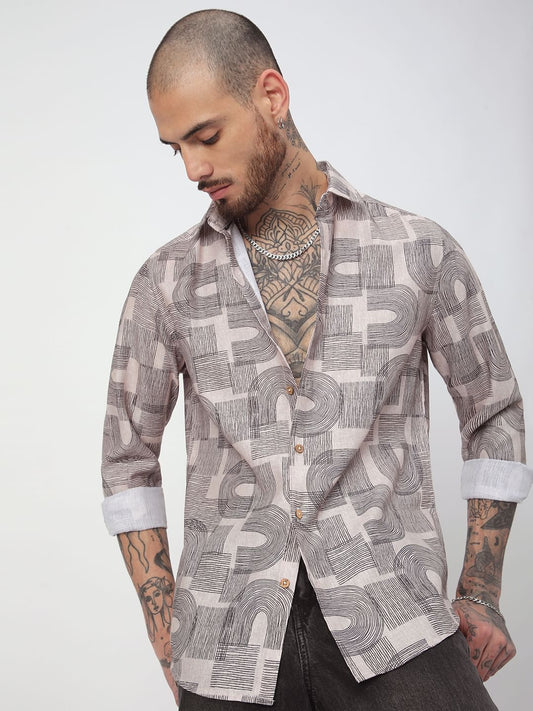 Beige & Navy Abstract Printed Shirt