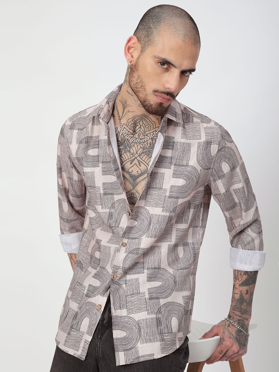 Beige & Navy Abstract Printed Shirt