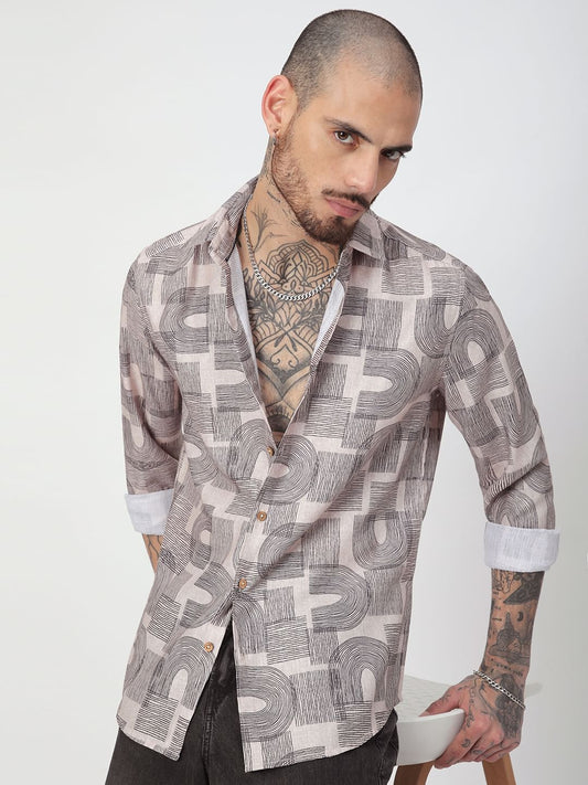 Beige & Navy Abstract Printed Shirt