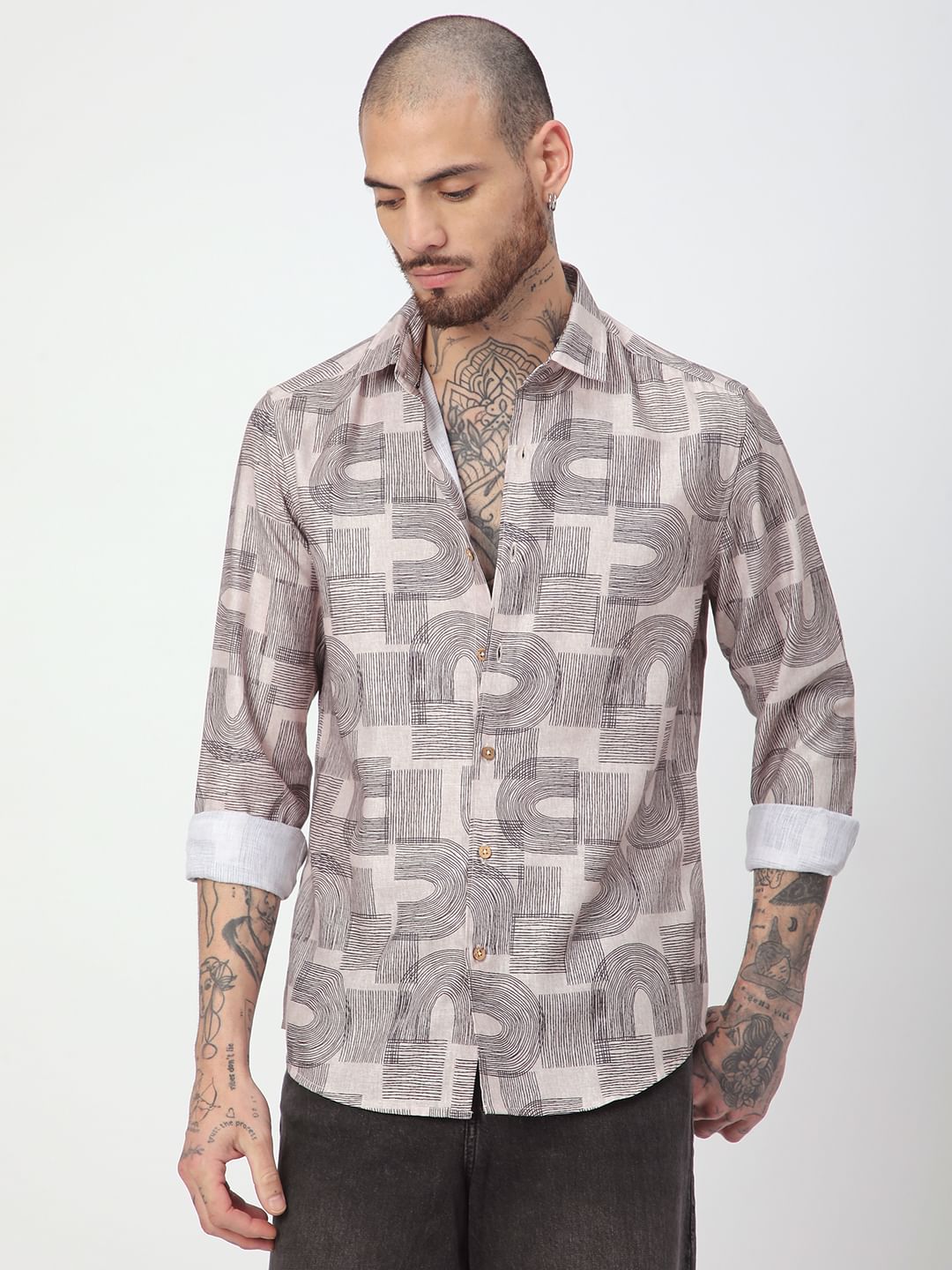 Beige & Navy Abstract Printed Shirt