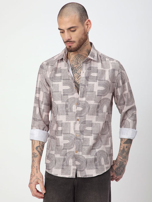 Beige & Navy Abstract Printed Shirt