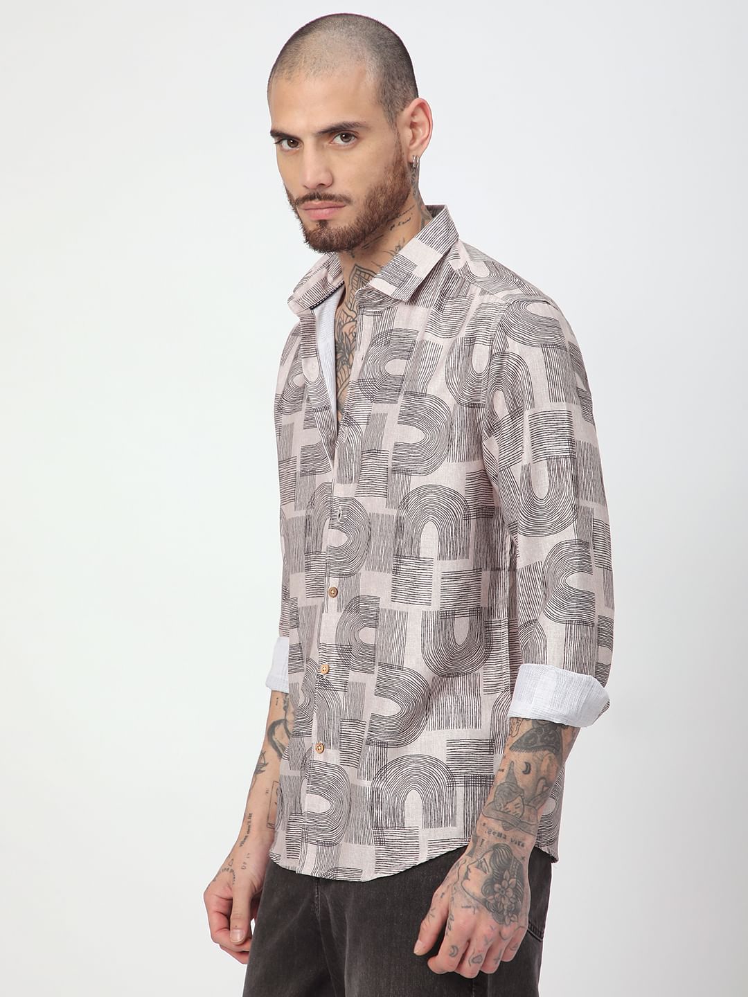 Beige & Navy Abstract Printed Shirt