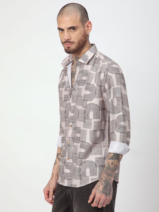 Beige & Navy Abstract Printed Shirt