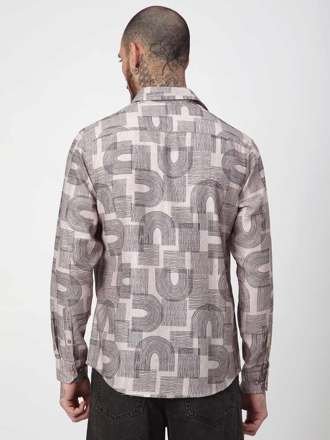 Beige & Navy Abstract Printed Shirt