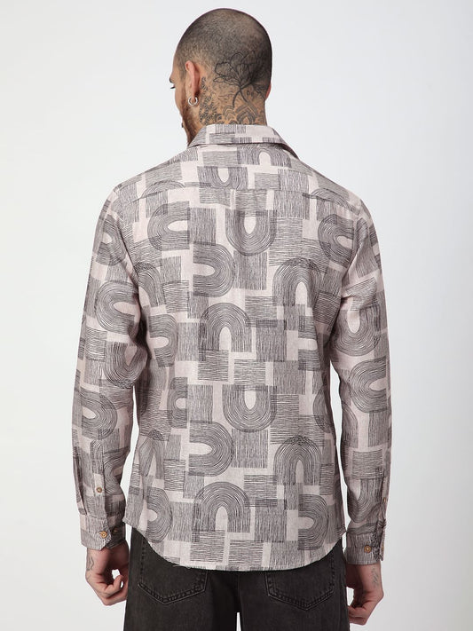 Beige & Navy Abstract Printed Shirt