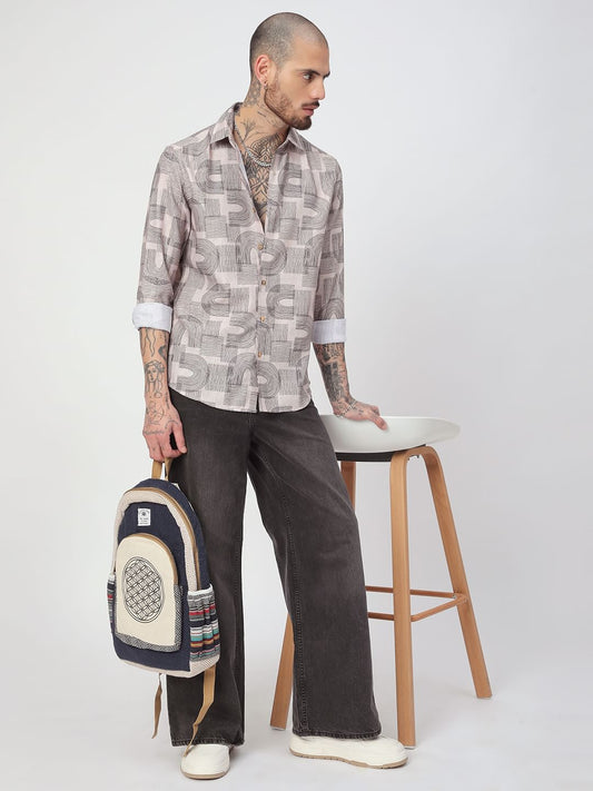Beige & Navy Abstract Printed Shirt