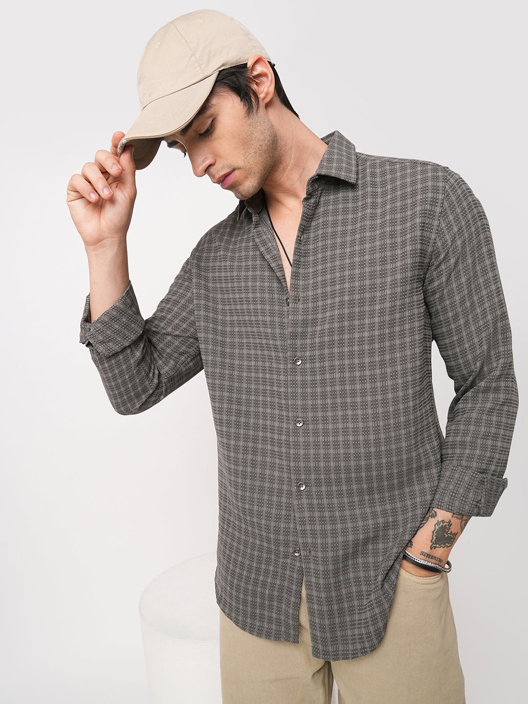 Refined Smoke Grey Textured Striped Shirt