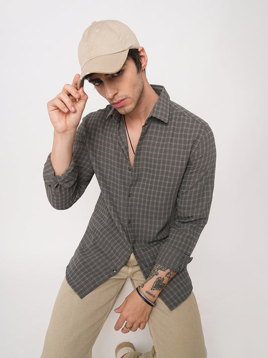 Refined Smoke Grey Textured Striped Shirt