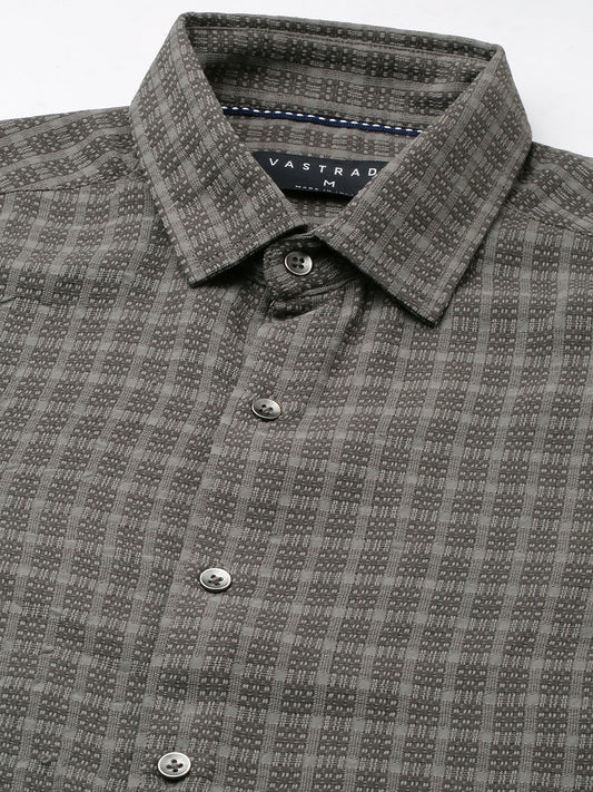 Refined Smoke Grey Textured Striped Shirt