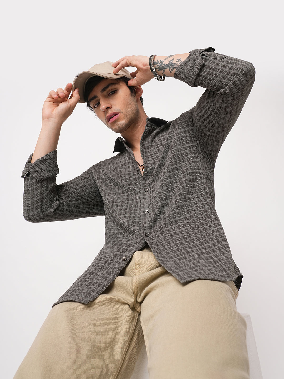 Refined Smoke Grey Textured Striped Shirt