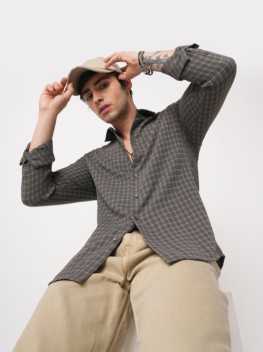 Refined Smoke Grey Textured Striped Shirt