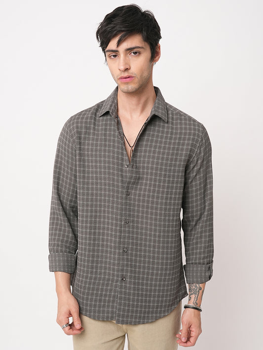 Refined Smoke Grey Textured Striped Shirt