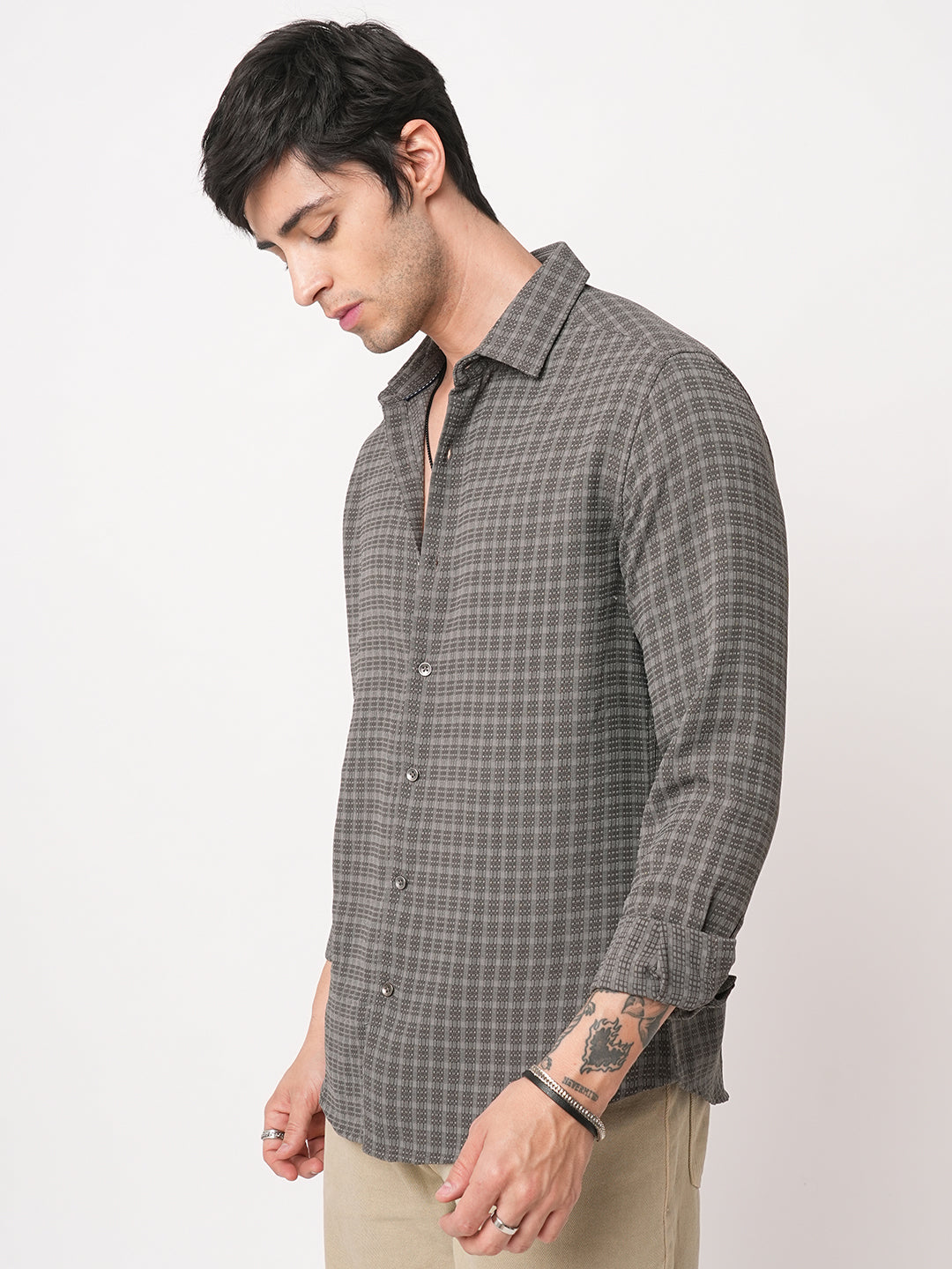 Refined Smoke Grey Textured Striped Shirt