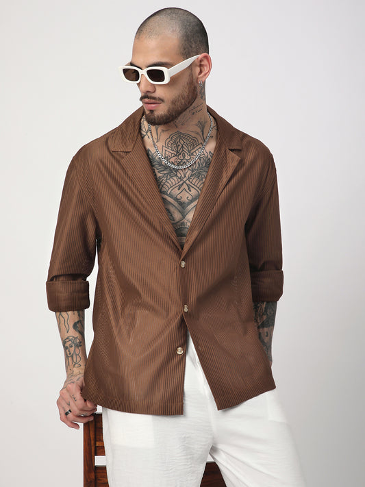 Walnut Brown Ribbed Oversized Notched Lapel Collar Shirt