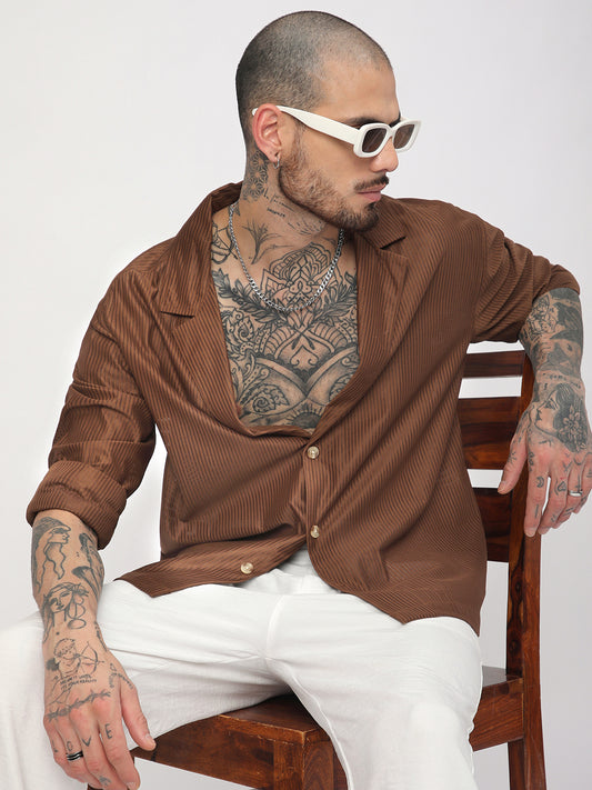 Walnut Brown Ribbed Oversized Notched Lapel Collar Shirt