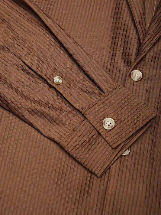 Walnut Brown Ribbed Oversized Notched Lapel Collar Shirt