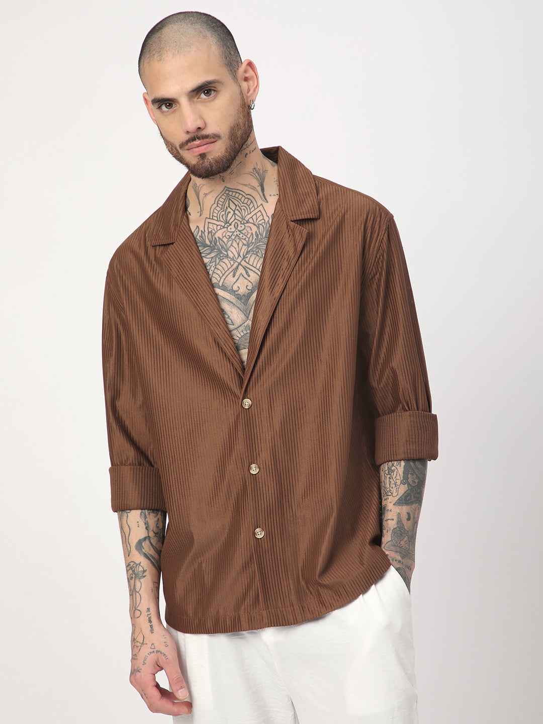 Walnut Brown Ribbed Oversized Notched Lapel Collar Shirt
