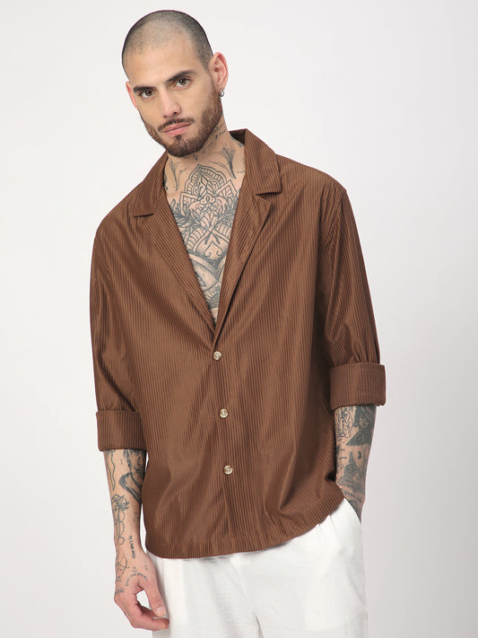 Walnut Brown Ribbed Oversized Notched Lapel Collar Shirt