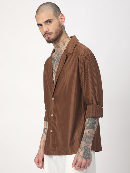Walnut Brown Ribbed Oversized Notched Lapel Collar Shirt