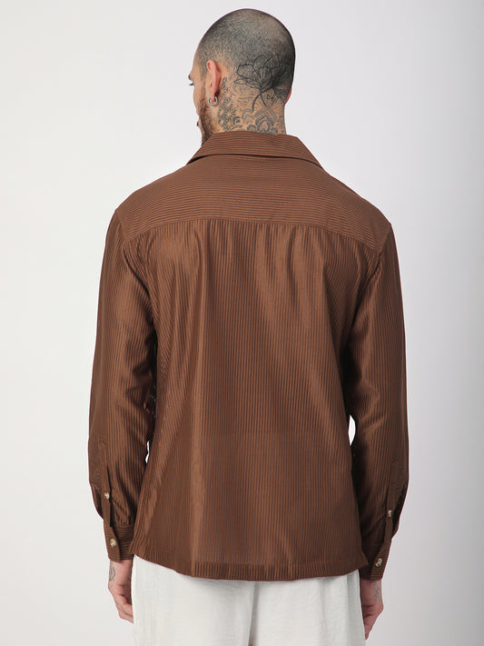 Walnut Brown Ribbed Oversized Notched Lapel Collar Shirt