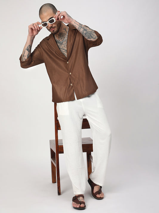 Walnut Brown Ribbed Oversized Notched Lapel Collar Shirt