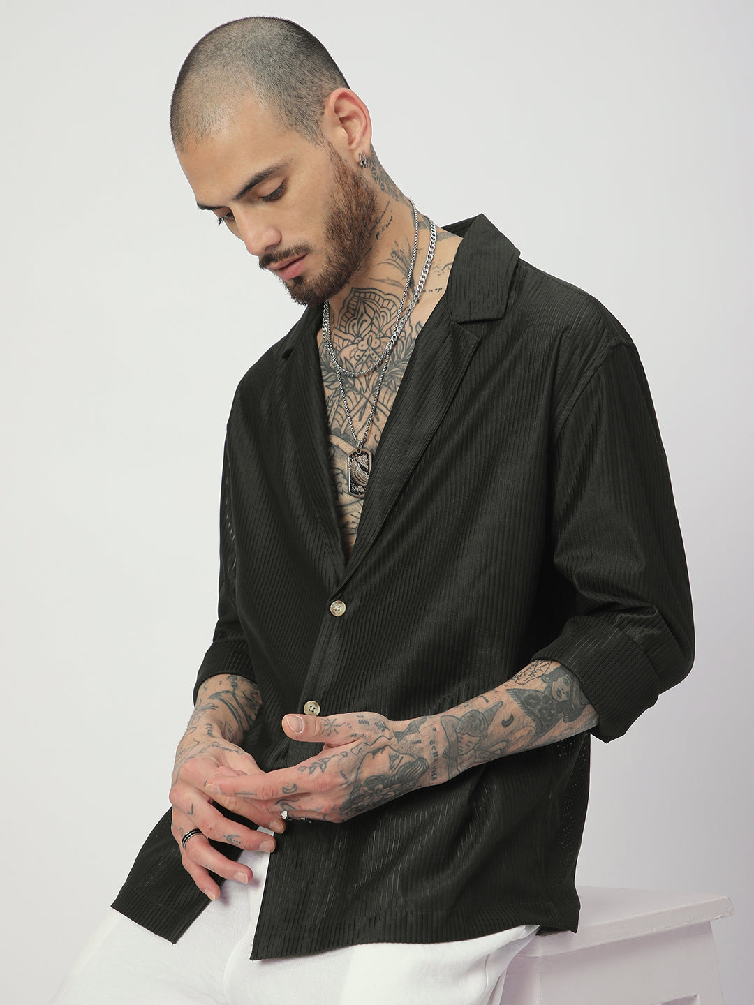 Pine Green Ribbed Oversized Notched Lapel Collar Shirt