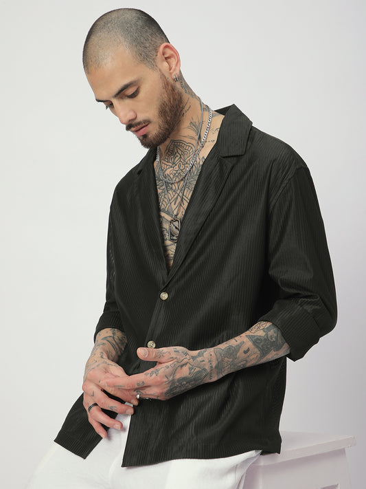 Pine Green Ribbed Oversized Notched Lapel Collar Shirt