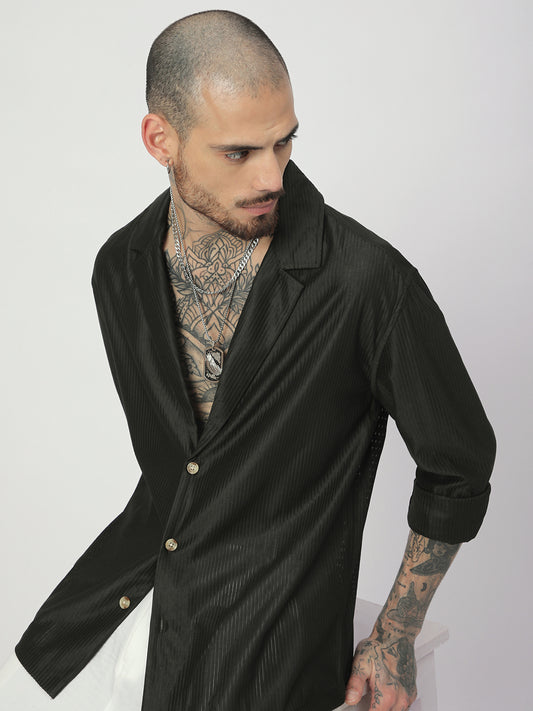 Pine Green Ribbed Oversized Notched Lapel Collar Shirt